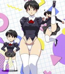 Rule 34 | 1girl, absurdres, agent aika, ahoge, aika (series), black delmo, black hair, blush, breasts, covered erect nipples, delmo, delmogeny uniform, hands on own hips, highres, kana (agent aika), kicking, kuroyoshi, large breasts, military, military uniform, miniskirt, multiple views, navel, open mouth, panties, shiny skin, short hair, skirt, thighhighs, underwear, uniform, white panties, white thighhighs