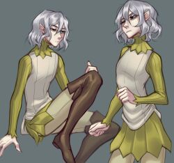 Rule 34 | 1boy, absurdres, bags under eyes, black eyes, boots, dungeon meshi, elf, full body, grey background, grey hair, hand on own knee, highres, lazy eye, leg up, long sleeves, male focus, mithrun, notched ear, notched ears, omoru00, pants, pointy ears, shirt, short hair, simple background, sitting, solo, sweater, thigh boots, tunic, uneven eyes, wavy hair