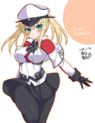 Rule 34 | 1girl, alternate eye color, anchor, black gloves, black pantyhose, blonde hair, blush, breasts, capelet, character name, closed mouth, commentary request, dated, gloves, graf zeppelin (kancolle), green eyes, hat, high collar, kantai collection, large breasts, light frown, long hair, looking at viewer, mashiro yukiya, mid-stride, miniskirt, orange outline, outline, outstretched arm, pantyhose, peaked cap, pleated skirt, sidelocks, signature, simple background, skirt, solo, tsurime, twintails, white background, white capelet, white hat, ||/