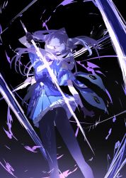 1girl, absurdres, black gloves, black legwear, cloud, commentary request, genshin impact, gloves, highres, holding, holding sword, holding weapon, keqing (genshin impact), kuronoiparoma, lightning, looking back, purple eyes, purple hair, purple skirt, skirt, solo, sword, twintails, weapon