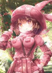 Rule 34 | 1girl, :&gt;, alternate breast size, animal ears, animal hat, arm up, bandana, blush, breasts, brown eyes, brown hair, closed mouth, commentary request, day, ek masato, flower, fur-trimmed gloves, fur-trimmed jacket, fur trim, gloves, hand on own hip, hat, impossible clothes, jacket, large breasts, llenn (sao), long sleeves, looking at viewer, outdoors, pink bandana, pink gloves, pink hat, pink jacket, pink neckwear, rabbit ears, rabbit hat, red flower, red rose, rose, solo, sword art online, sword art online alternative: gun gale online, v-shaped eyebrows