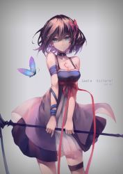 Rule 34 | 1girl, ahoge, artist name, bare shoulders, blue butterfly, blue dress, blue eyes, bob cut, bow, breasts, brown hair, bug, butterfly, character name, cleavage, closed mouth, dress, grey background, hair bow, holding, holding scythe, holding weapon, honkai (series), honkai impact 3rd, insect, ks (pixiv10939145), looking at viewer, medium breasts, pink bow, scythe, seele vollerei, seele vollerei (swallowtail phantasm), sleeveless, sleeveless dress, smile, solo, tattoo, weapon