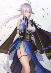Rule 34 | 1girl, absurdres, animal ears, asymmetrical clothes, azur lane, bare shoulders, black gloves, blue skirt, breasts, cape, fluffy, fox mask, gloves, highres, holding, holding sword, holding weapon, large breasts, long hair, looking at viewer, mask, multiple tails, petals, purple eyes, sheath, sheathed, side cape, simple background, single glove, skirt, sleeveless, solo, sword, tail, thigh strap, tosa (azur lane), unworn mask, weapon, you