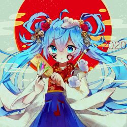 Rule 34 | 2020, absurdres, ahoge, aqua eyes, aqua hair, araisuzuka729, ball, blue hakama, calligraphy brush, cherry blossom print, chestnut mouth, commentary, cowboy shot, egasumi, eyebrows hidden by hair, facepaint, feathers, floral print, hagoita, hair between eyes, hair rings, hakama, hakama skirt, hanetsuki, haori, hatsune miku, highres, holding, holding ball, holding paddle, japanese clothes, kimono, long hair, looking at viewer, mouse (animal), paddle, paintbrush, parted lips, red kimono, skirt, sun, twintails, very long hair, vocaloid