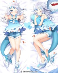 Rule 34 | 1girl, 2016, :o, ;o, anklet, bare legs, barefoot, bed sheet, bloop (gawr gura), blue bow, blue camisole, blue eyes, blue hair, blue heart, blue shorts, blush, bow, bow legwear, bow shorts, braid, camisole, closed eyes, copyright notice, dakimakura (medium), feet, fins, fish hair ornament, fish tail, flat chest, full body, gawr gura, grey hair, hair ornament, heart, holding, holding stuffed toy, hololive, hololive english, jewelry, kurot, long hair, looking at viewer, loose socks, lying, midriff, midriff peek, multicolored hair, multiple views, official art, on back, on side, one eye closed, open hands, outstretched arms, pajamas, reaching, reaching towards viewer, shark tail, short shorts, shorts, shrimp, side braid, single braid, sleepwear, socks, soles, solo, strap slip, streaked hair, striped clothes, striped socks, stuffed animal, stuffed fish, stuffed toy, tail, thigh gap, toes, underwear, unworn socks, virtual youtuber