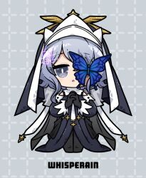 Rule 34 | 1girl, :&lt;, arknights, black dress, black gloves, blue butterfly, bug, butterfly, butterfly over eye, character name, checkered background, chibi, coif, commentary, dog-san, dress, gloves, grey background, grey eyes, habit, highres, insect, long sleeves, looking at viewer, own hands together, parted lips, purple hair, short hair, signature, simple background, solo, whisperain (arknights), whisperain (priory of abyss) (arknights)