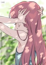 Rule 34 | 1girl, adjusting hair, armpits, bare arms, bare shoulders, blurry, blurry background, blush, bouen, camisole, character age, closed eyes, day, depth of field, from behind, highres, long hair, original, outdoors, pink hair, sleeveless, solo, sunlight, sweat, upper body