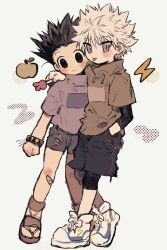 Rule 34 | 2boys, bandaid, bandaid on leg, black eyes, bracelet, candy, child, closed mouth, commentary, couple, food, full body, gon freecss, hand in pocket, hand on another&#039;s shoulder, highres, holding, holding candy, holding food, hunter x hunter, jewelry, killua zoldyck, layered sleeves, looking at viewer, male focus, multiple boys, na8 06, short hair, short sleeves, shorts, simple background, smile, spiked hair, symbol-only commentary, tongue, tongue out, white hair, yaoi