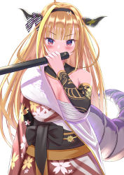 Rule 34 | 1girl, ahoge, bandages, bare shoulders, black hairband, blonde hair, blunt bangs, bow, bowtie, breasts, cleavage, covered mouth, detached collar, detached sleeves, diagonal-striped bow, dragon girl, dragon horns, dragon tail, floral print, hair ornament, hairband, highres, holding, holding knife, hololive, horn bow, horn ornament, horns, japanese clothes, kimono, kiryu coco, kiryu coco (new year), knife, large breasts, long hair, long sleeves, looking at viewer, multicolored eyes, multicolored hair, natsuki (natukituki), off shoulder, official alternate costume, orange hair, pink eyes, pointy ears, purple eyes, red kimono, sarashi, scales, simple background, solo, streaked hair, tail, upper body, virtual youtuber, weapon, white background, yukata