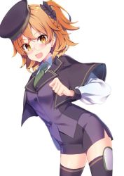 Rule 34 | 1girl, :d, ameshizuku natsuki, beret, black scrunchie, blush, breasts, brown capelet, brown eyes, brown hair, brown hat, capelet, collared shirt, commentary request, fang, fate/grand order, fate (series), fujimaru ritsuka (female), glasses, green necktie, hair between eyes, hair ornament, hair scrunchie, hat, jacket, long sleeves, looking at viewer, necktie, open mouth, puffy long sleeves, puffy sleeves, purple jacket, purple skirt, purple thighhighs, scrunchie, shirt, simple background, skirt, small breasts, smile, solo, thighhighs, tilted headwear, white background, white shirt