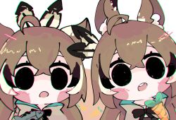 Rule 34 | 1girl, ahoge, animal ear fluff, animal ears, black eyes, blush stickers, brown background, brown capelet, brown cloak, brown hair, capelet, carrot, chibi, chromatic aberration, cloak, commentary, crossed bangs, english commentary, feather hair ornament, feathers, hair between eyes, hair ornament, highres, hololive, hololive english, koyoinacho, long hair, looking at viewer, multicolored hair, multiple views, nanashi mumei, open mouth, rabbit ears, sidelocks, simple background, smol mumei, straight-on, streaked hair, teeth, two-tone background, upper body, upper teeth only, virtual youtuber, white background