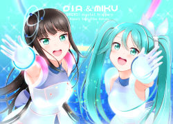 Rule 34 | 2girls, banzai! digital trippers, black hair, character name, costume, crossover, green eyes, green hair, group name, hatsune miku, hime cut, kurosawa dia, kurose yuuki, love live!, love live! sunshine!!, multiple girls, open mouth, outstretched hand, song name, twintails, vocaloid