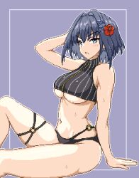 Rule 34 | 1girl, arm up, bare shoulders, bikini, blue eyes, blue hair, breasts, flower, hair flower, hair intakes, hair ornament, hololive, hololive english, large breasts, looking at viewer, navel, o-ring, ouro kronii, parted lips, pixel art, red flower, short hair, sitting, solo, stomach, swimsuit, thigh strap, thighs, v-shaped eyebrows, virtual youtuber, zou eita