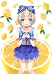 Rule 34 | 1girl, bad id, bad pixiv id, blue bow, blue bowtie, blue choker, blue skirt, blush, bow, bowtie, choker, collarbone, commentary request, dress shirt, food, frilled skirt, frills, fruit, hair between eyes, hair bow, hands on own chest, harimoji, highres, knees together feet apart, lemon, light brown hair, looking at viewer, original, parted lips, plaid, plaid bow, pleated skirt, puffy short sleeves, puffy sleeves, shirt, short hair, short sleeves, simple background, sitting, skirt, smile, solo, striped bow, striped bowtie, striped clothes, striped neckwear, white background, white shirt, wrist cuffs