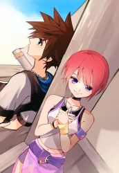 Rule 34 | 1boy, 1girl, armband, bare shoulders, black tank top, blue eyes, breasts, brown hair, camisole, chain, chain necklace, hair between eyes, hand on own chest, highres, hood, hood down, hooded jacket, jacket, jewelry, kairi (kingdom hearts), kingdom hearts, kingdom hearts i, medium breasts, midriff, navel, necklace, own hands together, pink skirt, purple eyes, ramochi (auti), red hair, short hair, short sleeves, shorts, shorts under skirt, skirt, smile, sora (kingdom hearts), spiked hair, tank top, white camisole, wristband