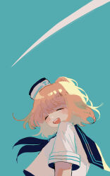 Rule 34 | 1girl, absurdres, aged down, blue background, blue neckerchief, blue sailor collar, closed eyes, facing viewer, half updo, hat, highres, ishmael (project moon), jellying, limbus company, medium hair, neckerchief, open mouth, orange hair, project moon, sailor collar, sailor hat, shirt, short sleeves, simple background, smile, solo, white shirt