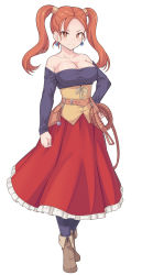 Rule 34 | 1girl, bare shoulders, belt, blush, boots, breasts, cleavage, collarbone, corset, dragon quest, dragon quest viii, earrings, full body, highres, jessica albert, jewelry, large breasts, long hair, looking at viewer, off-shoulder shirt, off shoulder, orange eyes, orange hair, parted bangs, purple shirt, red skirt, shirt, shiseki hirame, simple background, skirt, smile, solo, twintails, whip, white background