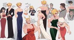 Rule 34 | !, 2boys, 4girls, alcohol, all might, alternate costume, arms behind back, back, bakugou katsuki, bare shoulders, black bow, black bowtie, black dress, black hair, black jacket, black pants, blonde hair, blue dress, blush, boku no hero academia, bow, bowtie, bracelet, breasts, brown hair, champagne, champagne flute, cleavage, closed eyes, closed mouth, commentary, cup, dress, drink, drinking glass, earrings, english text, formal, from behind, full body, genderswap, genderswap (mtf), green dress, grey background, hand on another&#039;s shoulder, high heels, holding, holding drink, jacket, jewelry, long hair, long sleeves, looking at another, medium breasts, midnight (boku no hero academia), multiple boys, multiple girls, multiple views, muscular, muscular female, necklace, open mouth, pants, red dress, red eyes, rice365, shaded face, shiny clothes, short hair, simple background, smile, speech bubble, spiked hair, standing, suit, sweat, symbol-only commentary, traditional bowtie, v, white dress, white footwear, yagi toshinori