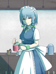 Rule 34 | 1girl, apron, bad id, bad nicoseiga id, black eyes, blank eyes, blue dress, bottle, bow, braid, cable, closed mouth, collared shirt, commentary request, cup, disposable coffee cup, disposable cup, dress, eyebrows, green bow, hair bow, half-closed eyes, holding, holding cup, indoors, izayoi sakuya, looking at viewer, maid, maid apron, maid headdress, okahi, package, shaded face, shelf, shirt, short hair, short sleeves, silver hair, smile, solo, spoon, steam, sweatband, touhou, twin braids, waist apron, white apron, wing collar