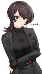 Rule 34 | 1girl, belt, black hair, breasts, coat, eyebrows hidden by hair, hair between eyes, highres, looking at viewer, original, red eyes, ribbed sweater, short hair, signature, simple background, skirt, solo, sweater, tatsuma daisuke, upper body, white background