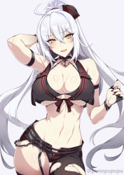 Rule 34 | 1girl, ahoge, bare shoulders, belt, bikini, bikini top only, blush, breasts, cleavage, collarbone, fate/grand order, fate (series), highres, jeanne d&#039;arc (fate), jeanne d&#039;arc alter (fate), jeanne d&#039;arc alter (mystery treasure) (fate), large breasts, long hair, looking at viewer, navel, official alternate costume, ponytail, puuzaki puuna, silver hair, simple background, smile, swimsuit, very long hair, white background, yellow eyes