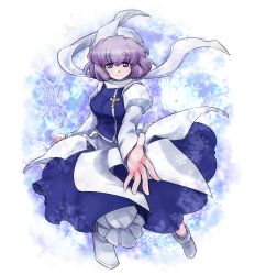 Rule 34 | 1girl, apron, bloomers, blush, boots, breasts, female focus, hat, highres, jamamichi, letty whiterock, light purple hair, medium breasts, purple eyes, scarf, short hair, skirt, smile, snow, snow flakes, snowing, solo, touhou, underwear, white scarf