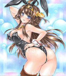 Rule 34 | 10s, 1girl, :d, ahoge, alternate costume, animal ears, arm behind head, arm up, armpits, artist name, ass, at classics, blue eyes, blush, breasts, brown hair, brown thighhighs, cleavage, cowboy shot, detached collar, fake animal ears, hair bun, hairband, hand on own hip, kantai collection, kongou (kancolle), large breasts, leotard, long hair, looking at viewer, open mouth, playboy bunny, rabbit ears, rabbit tail, sample watermark, sidelocks, single hair bun, smile, solo, tail, thighhighs, traditional media, twisted torso, watermark, wrist cuffs