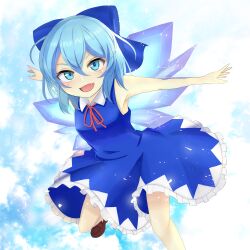 Rule 34 | 1girl, :d, absurdres, blue bow, blue dress, blue eyes, blue hair, bow, cirno, commentary, dress, fang, frilled dress, frills, hair between eyes, hair bow, highres, ice, ice wings, jemen, looking at viewer, open mouth, short hair, sleeveless, sleeveless dress, smile, solo, touhou, wings