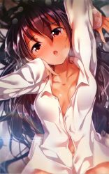 Rule 34 | 1girl, bad id, bad pixiv id, black eyes, black hair, blouse, breasts, collarbone, head tilt, lips, looking at viewer, lying, naked shirt, on back, open mouth, original, ryouma (galley), shirt, small breasts, white shirt