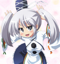 Rule 34 | 1girl, alternate hairstyle, blush, breasts, bunching hair, dress, grey eyes, grey hair, hat, leaning forward, long hair, looking at viewer, medium breasts, mononobe no futo, open mouth, smile, smug, touhou, twintails