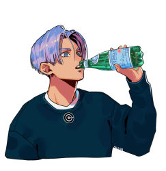 Rule 34 | 1boy, blue eyes, blue shirt, bottle, capsule corp, casual, close-up, dragon ball, dragonball z, drinking, expressionless, fingernails, hair between eyes, highres, holding, light purple hair, long sleeves, looking away, male focus, okada (hoooojicha), open mouth, outstretched arm, product placement, purple hair, s.pellegrino, shirt, short hair, simple background, solo, sweater, teeth, thick eyebrows, trunks (dragon ball), trunks (future) (dragon ball), twitter username, upper body, upper teeth only, water bottle, white background, white shirt