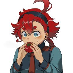 Rule 34 | 1girl, ahoge, black hairband, blue eyes, blue jacket, blush, commentary, eating, food, gundam, gundam suisei no majo, hair between eyes, hairband, highres, holding, holding food, jacket, long hair, long sleeves, nacl 022, necktie, red hair, red necktie, simple background, solo, suletta mercury, sweatdrop, symbol-only commentary, tomato, upper body, white background
