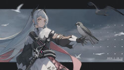 Rule 34 | 1girl, animal, animal request, arknights, arm strap, bandolier, belt, bird, bird on hand, black belt, black gloves, black jacket, black wings, blurry, blurry background, breasts, bullet, capelet, closed mouth, cloud, cloudy sky, commentary, cowboy shot, cross, cross earrings, cross scar, dated, day, depth of field, earrings, expressionless, eyelashes, feathered wings, film grain, floating clothes, floating hair, from side, gloves, grey eyes, grey hair, hair intakes, hand out of frame, hand up, head wings, high collar, highres, irene (arknights), jacket, jewelry, latin cross, letterboxed, long hair, long sleeves, looking at viewer, looking to the side, motion blur, multicolored clothes, multicolored skirt, outdoors, outside border, outstretched hand, pink ribbon, pink skirt, pleated skirt, puffy long sleeves, puffy sleeves, rapier, ribbon, scabbard, scar, scar across eye, scar on face, seagull, shade, shadow, sheath, sheathed, shoulder strap, skirt, sky, sleeve cuffs, small breasts, solo, standing, straight hair, sword, turtleneck, turtleneck capelet, two-tone skirt, upper body, variant set, very long hair, weapon, white capelet, white skirt, wings, yibanmaotou