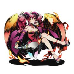 Rule 34 | 10s, 1girl, ankle ribbon, anklet, breasts, choker, cleavage, collarbone, detached sleeves, divine gate, dress, eyebrows, feathered wings, fire, full body, hair between eyes, hair ornament, jewelry, kiri (divine gate), large breasts, leg ribbon, long hair, looking at viewer, neck ribbon, official art, pink hair, red ribbon, ribbon, shadow, sleeveless, sleeveless dress, smile, solo, strapless, strapless dress, transparent background, twintails, ucmm, wings, yellow eyes