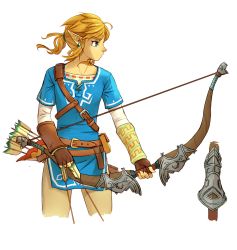 Rule 34 | 1boy, alderion-al, belt, blonde hair, blue eyes, bow (weapon), earrings, gloves, highres, jewelry, link, long hair, male focus, nintendo, pointy ears, ponytail, quiver, solo, the legend of zelda, the legend of zelda: breath of the wild, weapon
