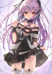 Rule 34 | 1girl, bare shoulders, black dress, blush, breasts, chain, closed mouth, collarbone, commentary, cowboy shot, detached collar, dress, frilled dress, frills, garter straps, hair between eyes, hair ribbon, highres, hololive, light purple hair, long hair, looking at viewer, matutoki nara05, off-shoulder dress, off shoulder, red eyes, ribbon, skirt hold, small breasts, smile, solo, thighhighs, thighs, two side up, uruha rushia, uruha rushia (3rd costume), virtual youtuber, white thighhighs, wrist cuffs