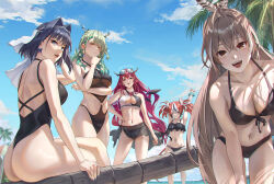 Rule 34 | 5girls, :d, alternate costume, animal ears, antlers, ass, beach, beach umbrella, bikini, black bikini, black hair, black one-piece swimsuit, black sarong, blue eyes, blue nails, blue sky, breasts, brown eyes, brown hair, ceres fauna, cleavage, cloud, collarbone, commentary, criss-cross halter, crossed bangs, crossed legs, dappled sunlight, day, demon girl, demon horns, drop earrings, earrings, english commentary, eyewear on head, feather hair ornament, feathers, flower, gradient hair, green hair, green nails, hair between eyes, hair flower, hair intakes, hair ornament, hakos baelz, halo, halterneck, hand on own hip, heterochromia, highleg, highleg swimsuit, holocouncil, hololive, hololive english, horns, irys (hololive), jewelry, large breasts, leaning forward, long hair, looking at viewer, medium breasts, mouse ears, mouse girl, mouse tail, multicolored hair, multiple girls, nanashi mumei, navel, o-ring, o-ring swimsuit, one-piece swimsuit, one eye closed, open mouth, ouro kronii, outdoors, palm tree, pink eyes, pink hair, pink nails, pointy ears, ponytail, purple eyes, red hair, sarong, short hair, sky, smile, streaked hair, stretching, sunglasses, sunlight, swimsuit, tail, thighs, tight (ohmygod), tree, two-tone bikini, umbrella, very long hair, virtual youtuber, white bikini, white hair, white headdress, yellow eyes