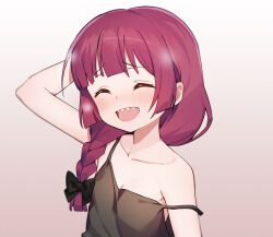 Rule 34 | 1girl, arm up, blush, bocchi the rock!, bow, braid, closed eyes, collarbone, flat chest, hair bow, hand on own head, highres, hiroi kikuri, off shoulder, ohihil, open mouth, red hair, sharp teeth, simple background, smile, solo, tank top, teeth, upper teeth only