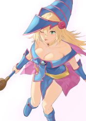 Rule 34 | 1girl, absurdres, bare shoulders, blonde hair, blue footwear, boots, breasts, cleavage, collarbone, dark magician girl, duel monster, foot out of frame, green eyes, hair between eyes, hat, highres, holding, large breasts, long hair, off shoulder, one eye closed, pentagram, solo, tongue, tongue out, wand, while d, white background, wizard hat, yu-gi-oh!, yu-gi-oh! duel monsters