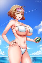 1girl absurdres ahoge anis_(nikke) anis_(sparkling_summer)_(nikke) breasts brown_hair can cleavage collarbone covering_nipples covering_privates drink_can eyewear_on_head goddess_of_victory:_nikke highres jewelry kairos_45 large_breasts looking_at_viewer necklace official_alternate_costume outdoors pink-tinted_eyewear short_hair smile soda_can solo sunglasses sweat tinted_eyewear water wet yellow_eyes