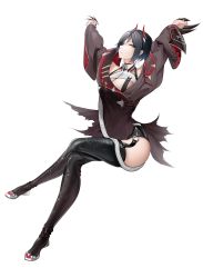 Rule 34 | 1girl, absurdres, arms up, azur lane, black footwear, black hair, boots, breasts, brown coat, claw ring, coat, from side, full body, highres, horns, large breasts, looking at viewer, mechanical horns, multicolored hair, red horns, short hair, simple background, solo, thigh boots, thighhighs, two-tone hair, ulrich von hutten (azur lane), weixiaoren, white background, white hair