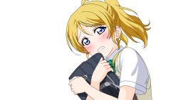 Rule 34 | 1girl, artist request, ayase eli, bag, blonde hair, blue eyes, blush, bow, bowtie, carrying bag, collared shirt, female focus, green bow, hair between eyes, hair ornament, hair scrunchie, holding, holding bag, long hair, looking at viewer, love live!, love live! school idol project, mari n (pixiv20297638), parted lips, ponytail, school bag, school uniform, scrunchie, shirt, smile, solo, striped, striped bow, sweater vest, uranohoshi school uniform, vest, white background, white scrunchie, white shirt, yellow vest