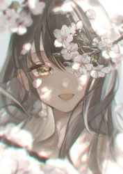 Rule 34 | 1girl, :d, black hair, blush, branch, cherry blossoms, commentary request, dappled sunlight, day, happy, highres, long hair, looking at viewer, marutani, nature, one eye covered, open mouth, original, petals, portrait, smile, solo, spring (season), sunlight, yellow eyes