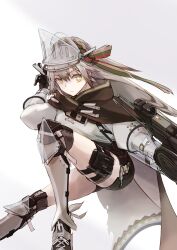 Rule 34 | 1girl, arknights, armored boots, black gloves, black shorts, boots, bright pupils, closed mouth, e-bushi, fartooth (arknights), feather hair, gloves, grey hair, gun, highres, holding, holding weapon, knee boots, knee pads, long hair, long sleeves, looking at viewer, pouch, rifle, shin guards, shirt, short shorts, shorts, simple background, sniper rifle, solo, thigh pouch, thigh strap, very long hair, visor (armor), weapon, white background, white shirt, yellow eyes