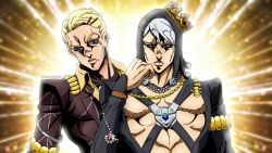 Rule 34 | 2boys, araki hirohiko (style), black jacket, black sclera, blonde hair, blue eyes, brown jacket, closed mouth, colored sclera, commentary, crown, emphasis lines, english commentary, gem, grandguerrilla, grey hair, hair ornament, hairclip, hood, hood up, jacket, jojo no kimyou na bouken, long sleeves, looking at viewer, multiple boys, official style, pink eyes, prosciutto, risotto nero, red gemstone, vento aureo