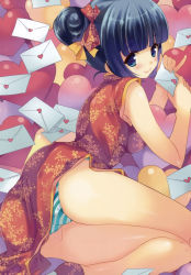 Rule 34 | 1girl, absurdres, ass, black hair, blue eyes, blunt bangs, blush, china dress, chinese clothes, dengeki moeou, dress, floral print, from behind, highres, letter, looking back, love letter, lying, on side, panties, pinky out, qp:flapper, sakura koharu, smile, solo, striped clothes, striped panties, underwear