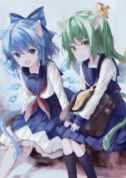 Rule 34 | 2girls, alternate costume, animal ear fluff, animal ears, bag, cat ears, cat girl, cirno, daiyousei, grey background, happiness lilys, highres, multiple girls, second-party source, simple background, socks, tail, touhou