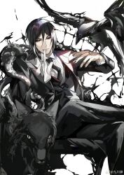 Rule 34 | 1boy, bird, bird on hand, black hair, black jacket, black nails, black necktie, black pants, black suit, black theme, black vest, butler, chair, collared shirt, crow, double-parted bangs, feet out of frame, figure four sitting, formal, glove in mouth, gloves, grin, hair between eyes, hand tattoo, hand up, highres, jacket, jiuchuansi, kuroshitsuji, lapels, looking at viewer, male focus, mouth hold, nail polish, necktie, notched lapels, open clothes, open jacket, pants, red eyes, sebastian michaelis, shirt, short hair, sidelocks, sitting, smile, solo, suit, suit jacket, tattoo, tentacles, unworn gloves, vest, white background, white gloves, white shirt, wolf