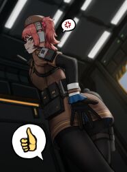 Rule 34 | 1girl, anger vein, beret, blush, breasts, brown eyes, candy, covering privates, covering ass, food, girls&#039; frontline, girls&#039; frontline 2: exilium, gloves, gun, handgun, hat, headset, lollipop, looking at viewer, machine pistol, medium breasts, missileer, mp7 (girls&#039; frontline), pantyhose, personal defense weapon, pistol, red hair, side ponytail, solo, spoken anger vein, spoken thumbs up, submachine gun, suppressor, sweatdrop, thigh strap, weapon