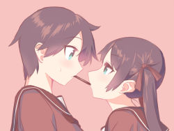 Rule 34 | 10s, 2girls, blew andwhite, blue eyes, blush, eye contact, hair ribbon, kantai collection, looking at another, mikuma (kancolle), mogami (kancolle), multiple girls, pink background, pocky, pocky kiss, ribbon, shared food, short hair, simple background, sweat, twintails, very short hair, yuri